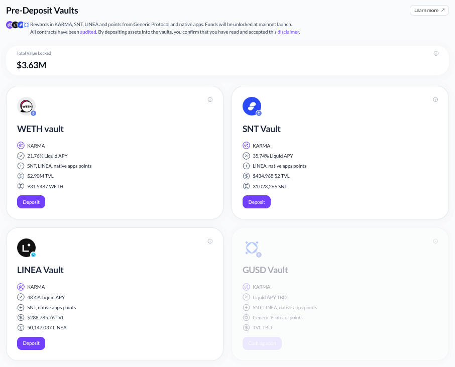 Status Network pre-deposit vaults showing locked ETH, SNT, LINEA, and upcoming GUSD vaults